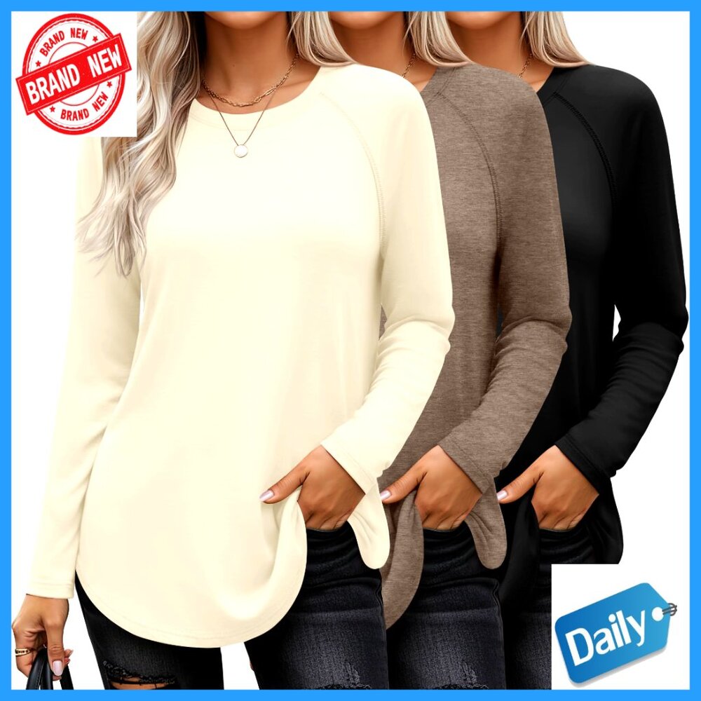 3 Pack Long Sleeve Tunic Tops Raglan Sleeve Loose Fit Side Split Hem